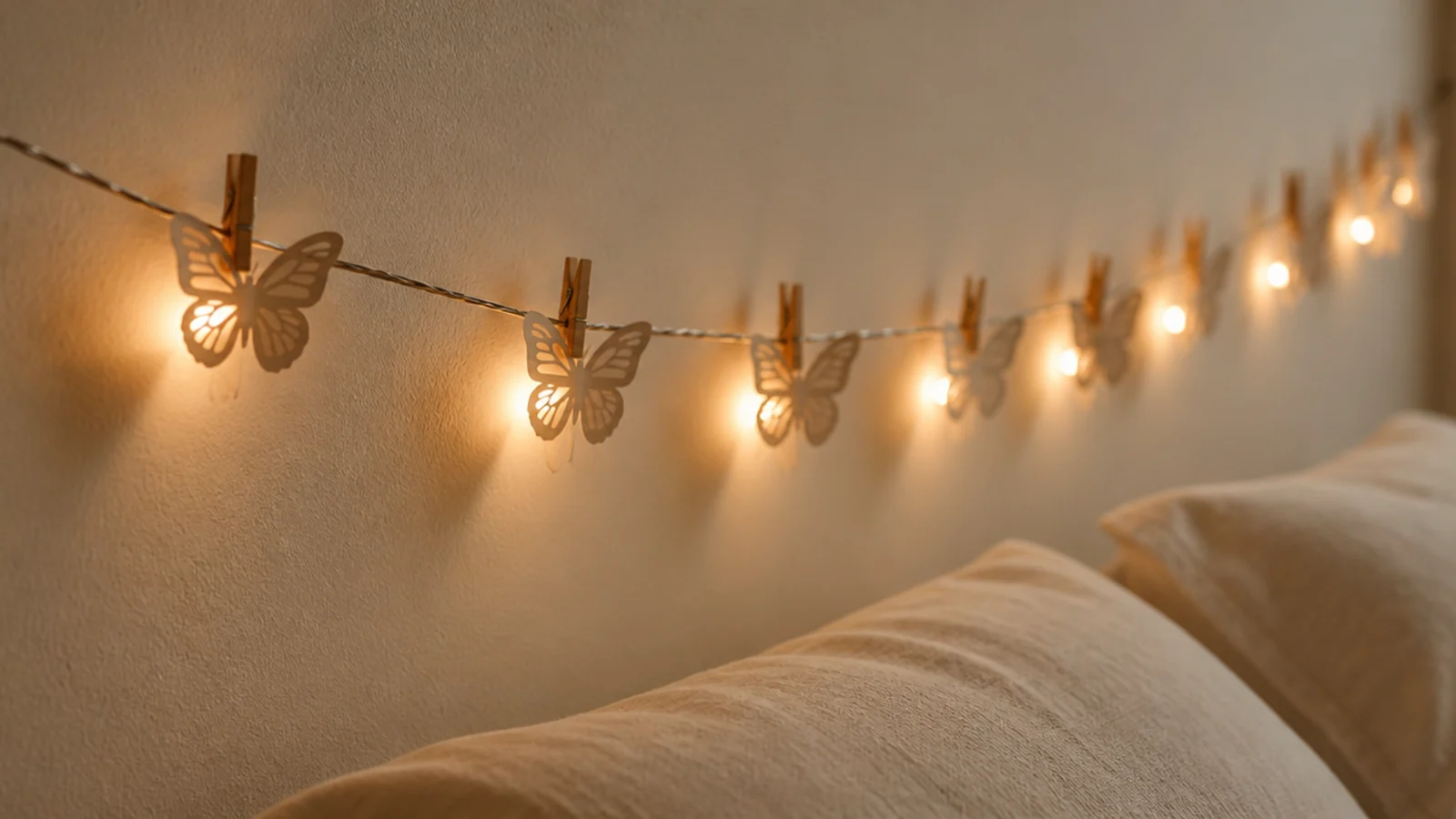 paper butterflies clipped between bulbs on a bedroom light strand