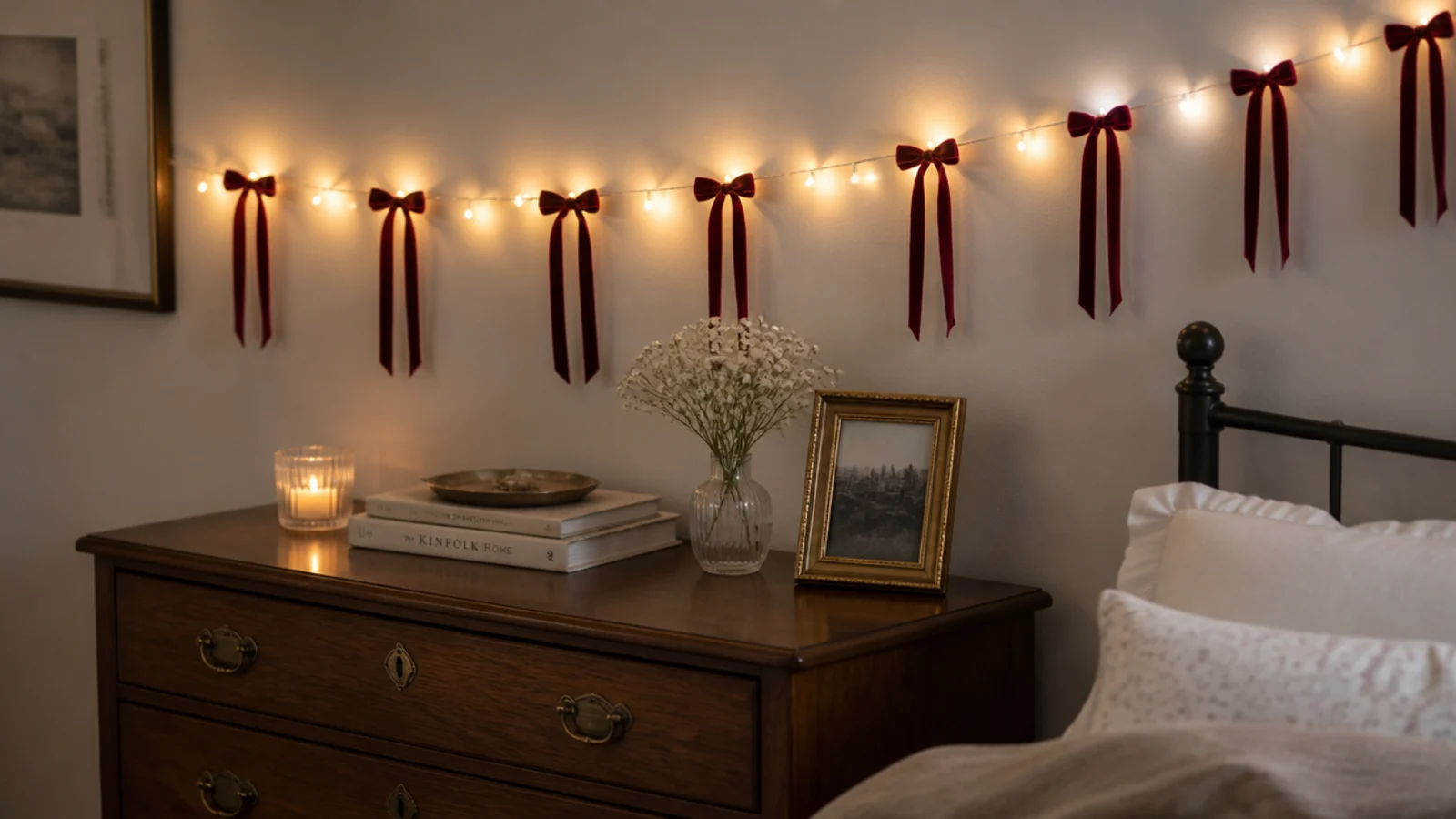 narrow ribbon bows tied at intervals along a lit strand