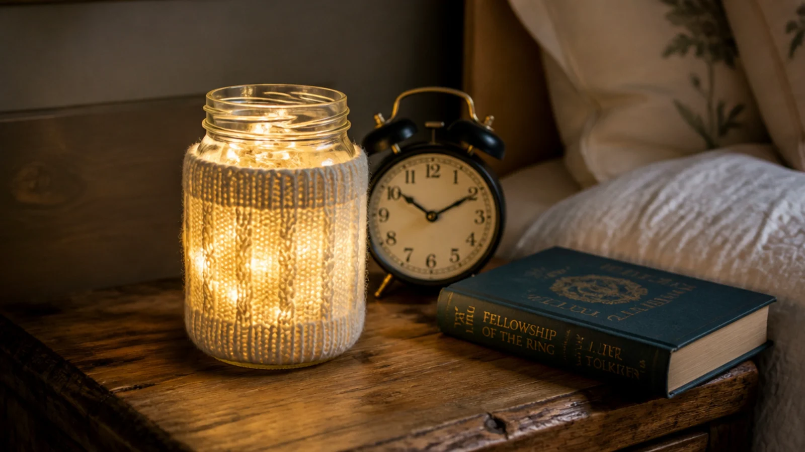 small knitted sleeve wrapped around a glowing bedside jar