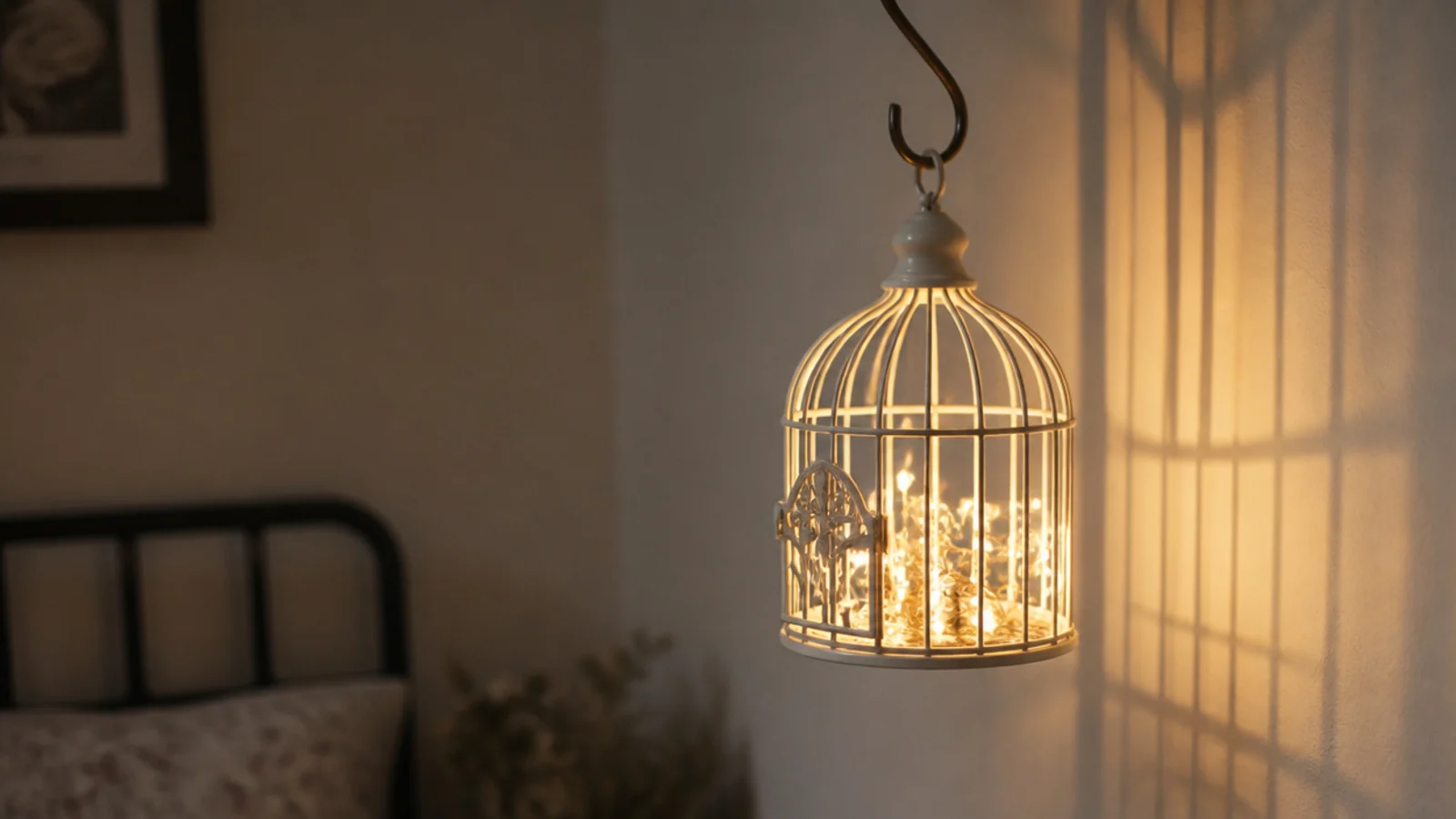 decorative wire birdcage glowing with a light cluster inside