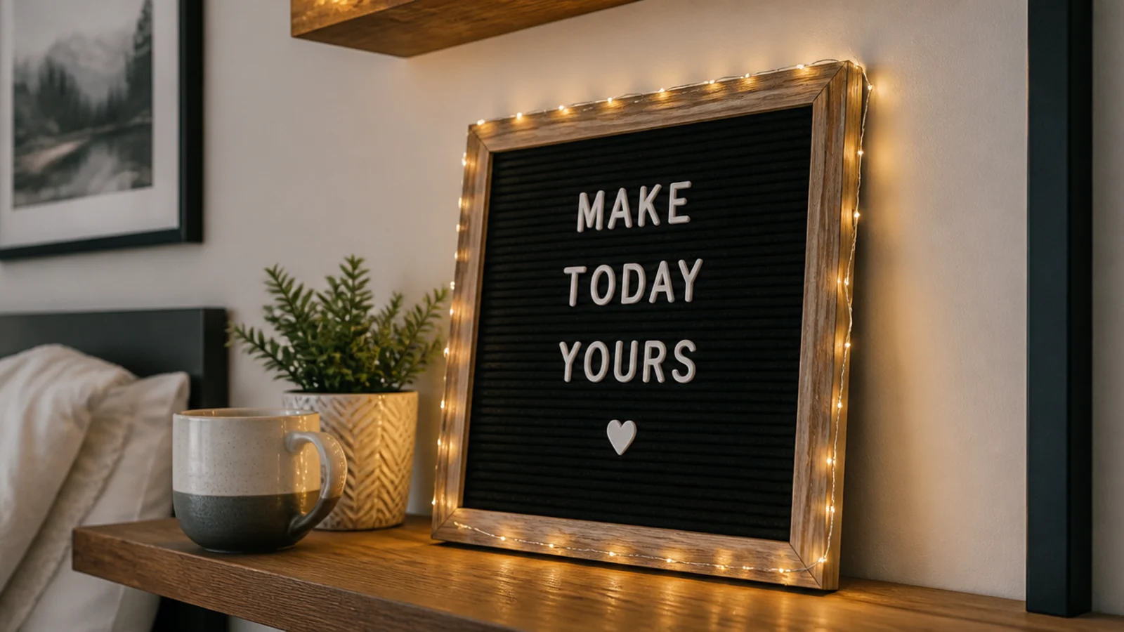 felt letter board with a fine light strand around its frame