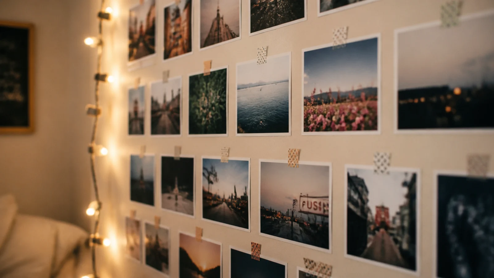photos taped in a grid on a wall with lights running beside