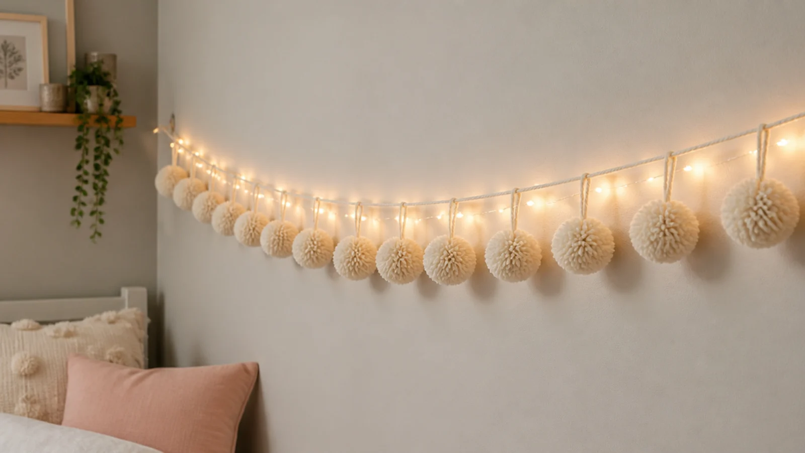 woolly pom pom trim hung beside a warm bedroom light strand