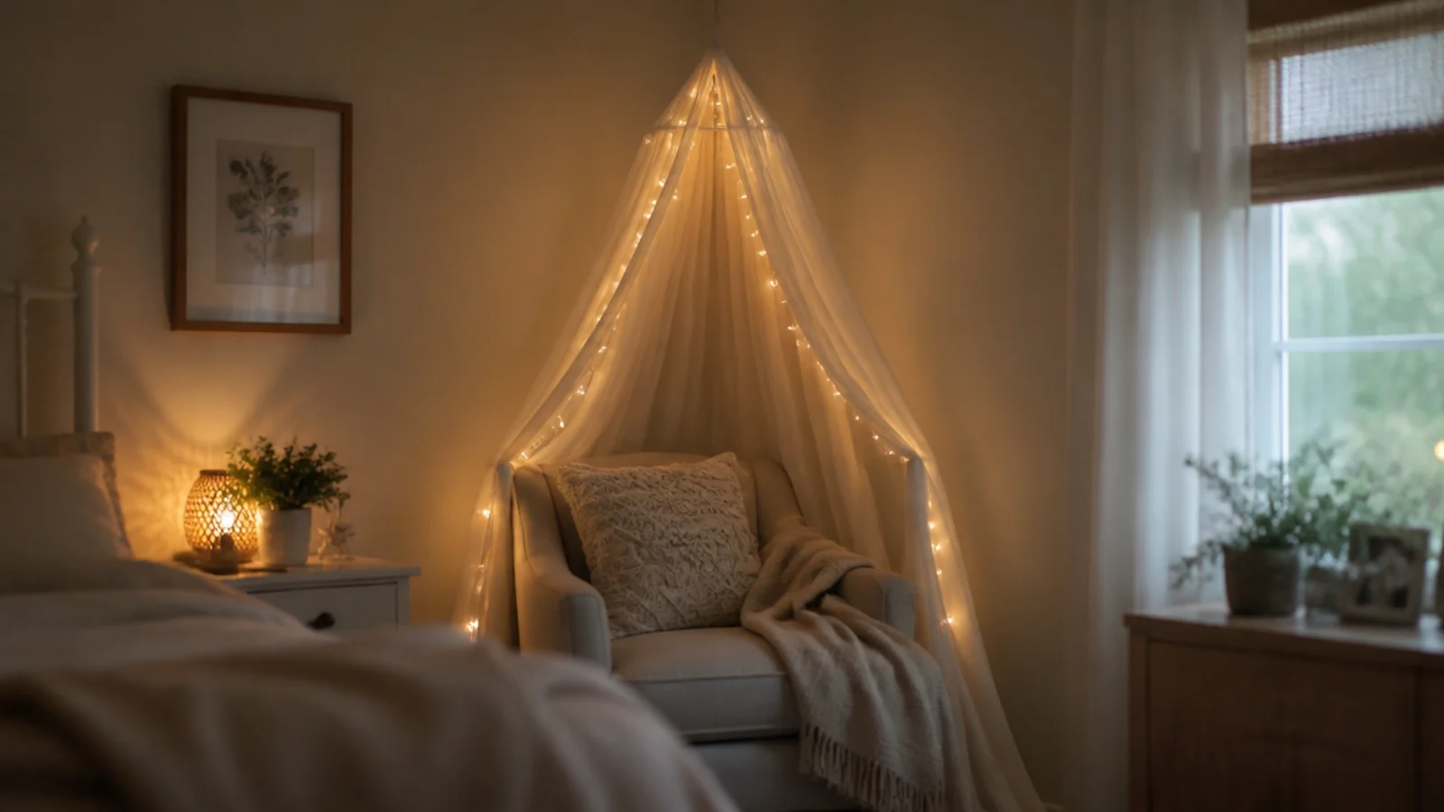 small muslin canopy above an armchair with lights in the folds