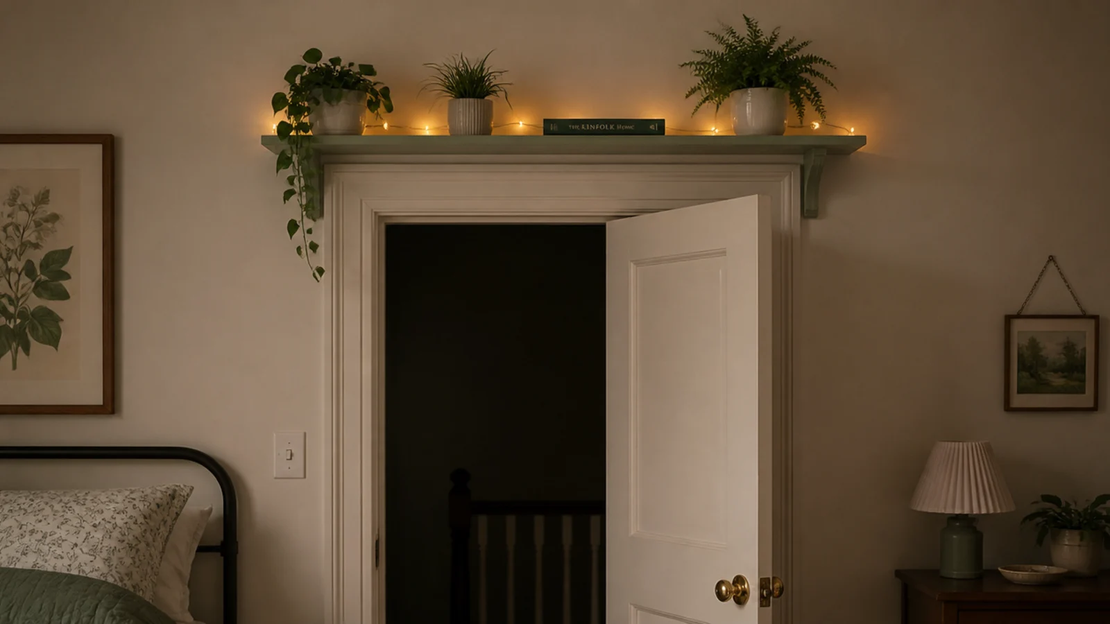 narrow ledge above a bedroom door lit by a hidden strand