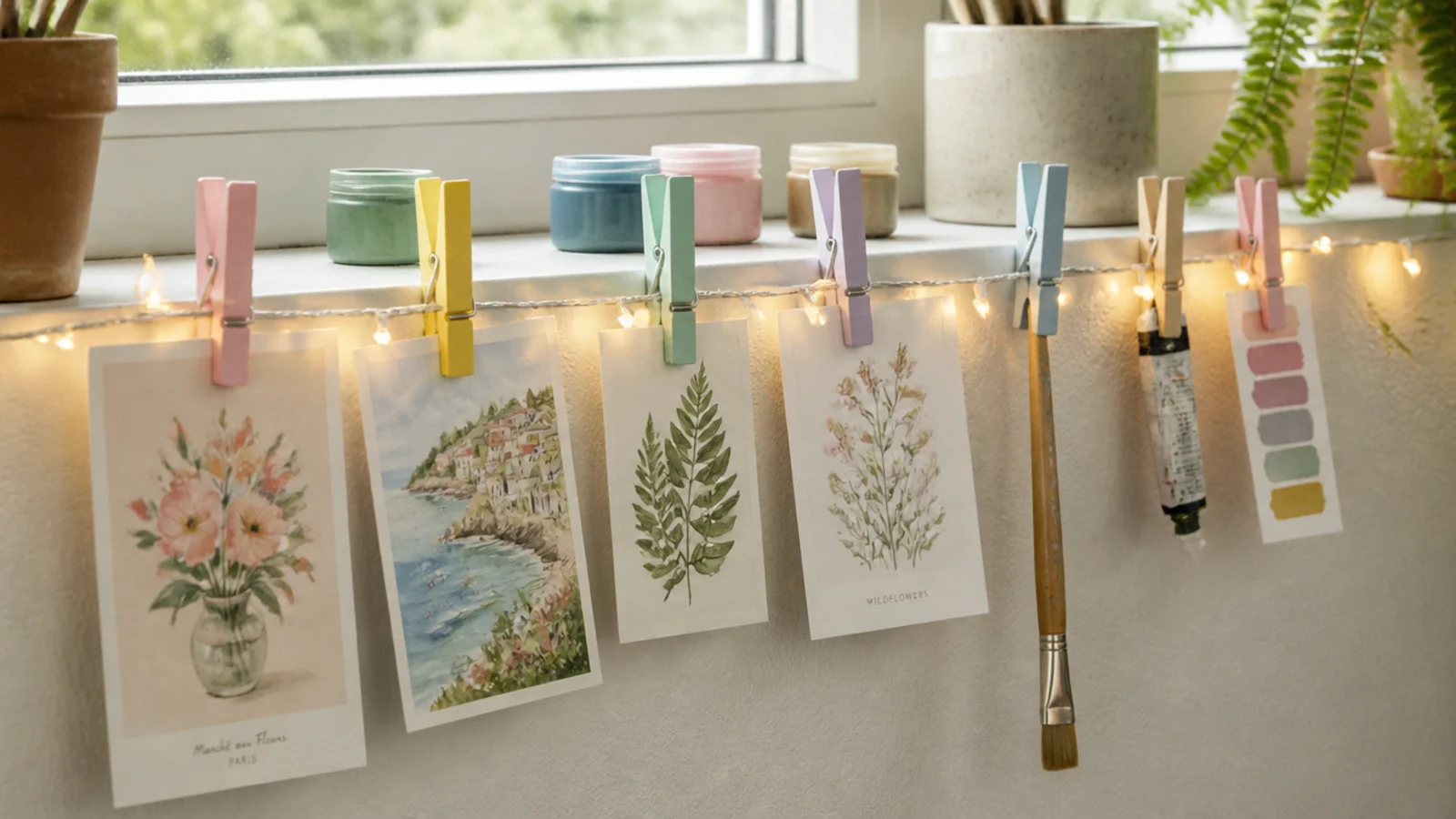 pastel painted wooden pegs clipped along a lit bedroom strand