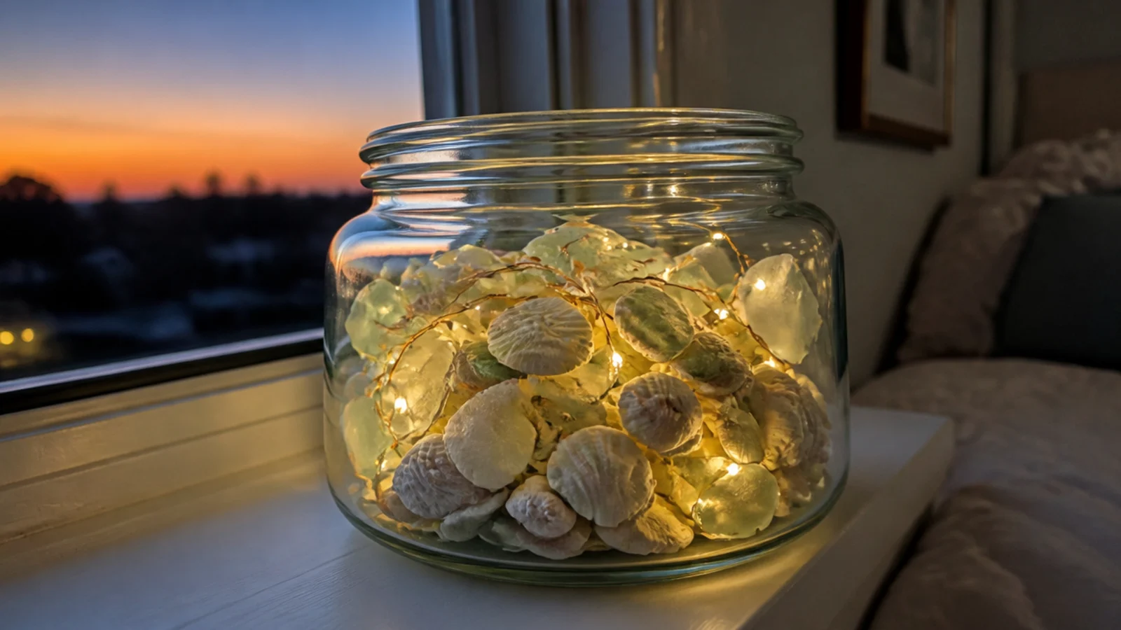jar of shells and sea glass glowing from a strand inside