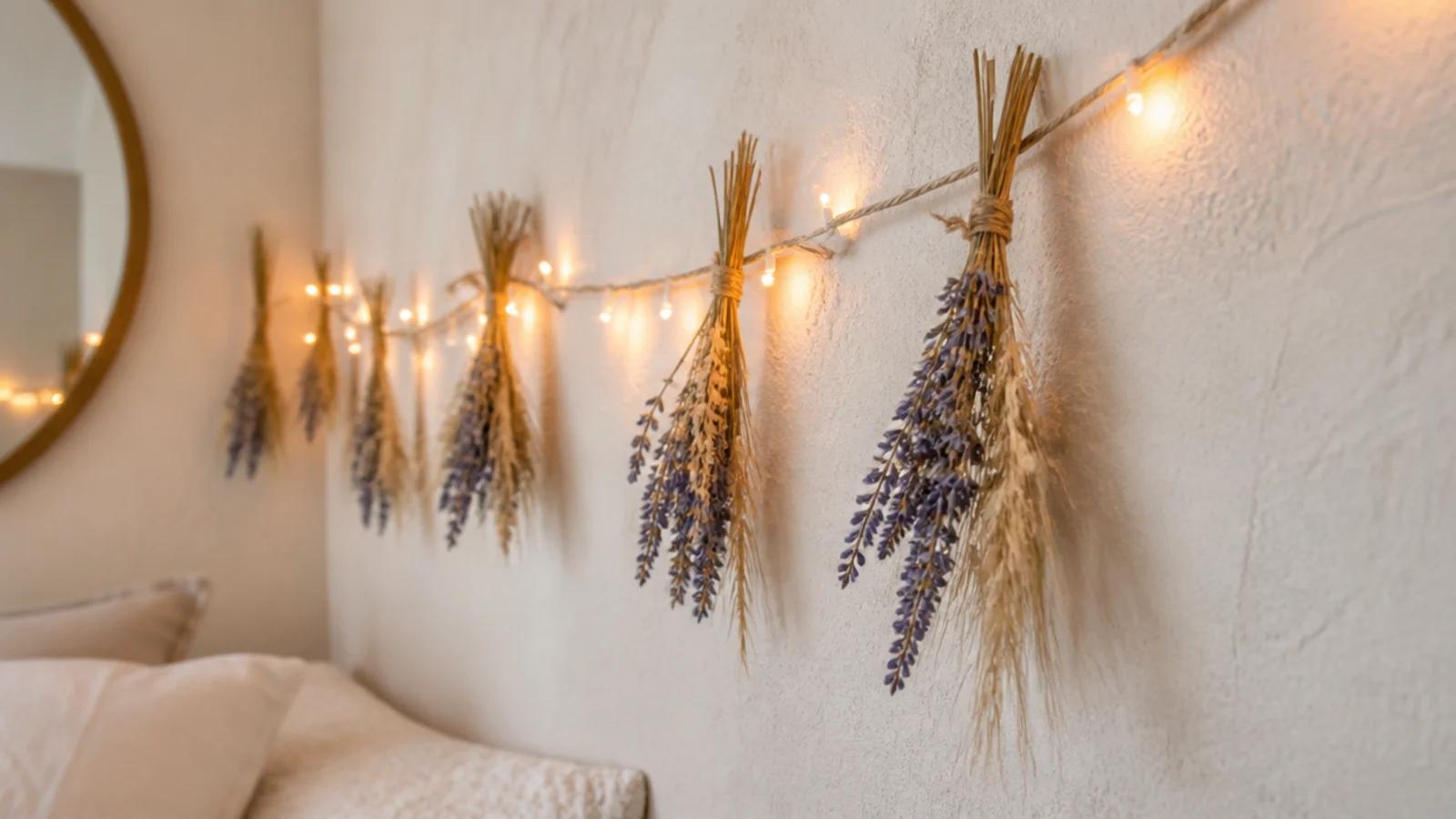 small dried flower posies tied along a warm light strand