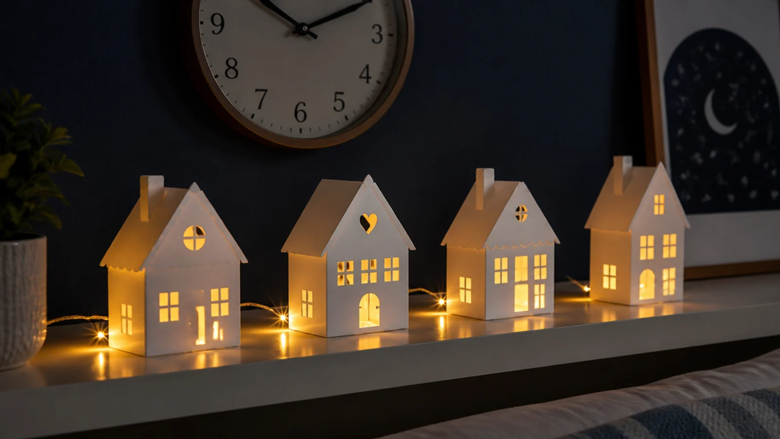 small cut paper houses lit from behind on a bedroom shelf