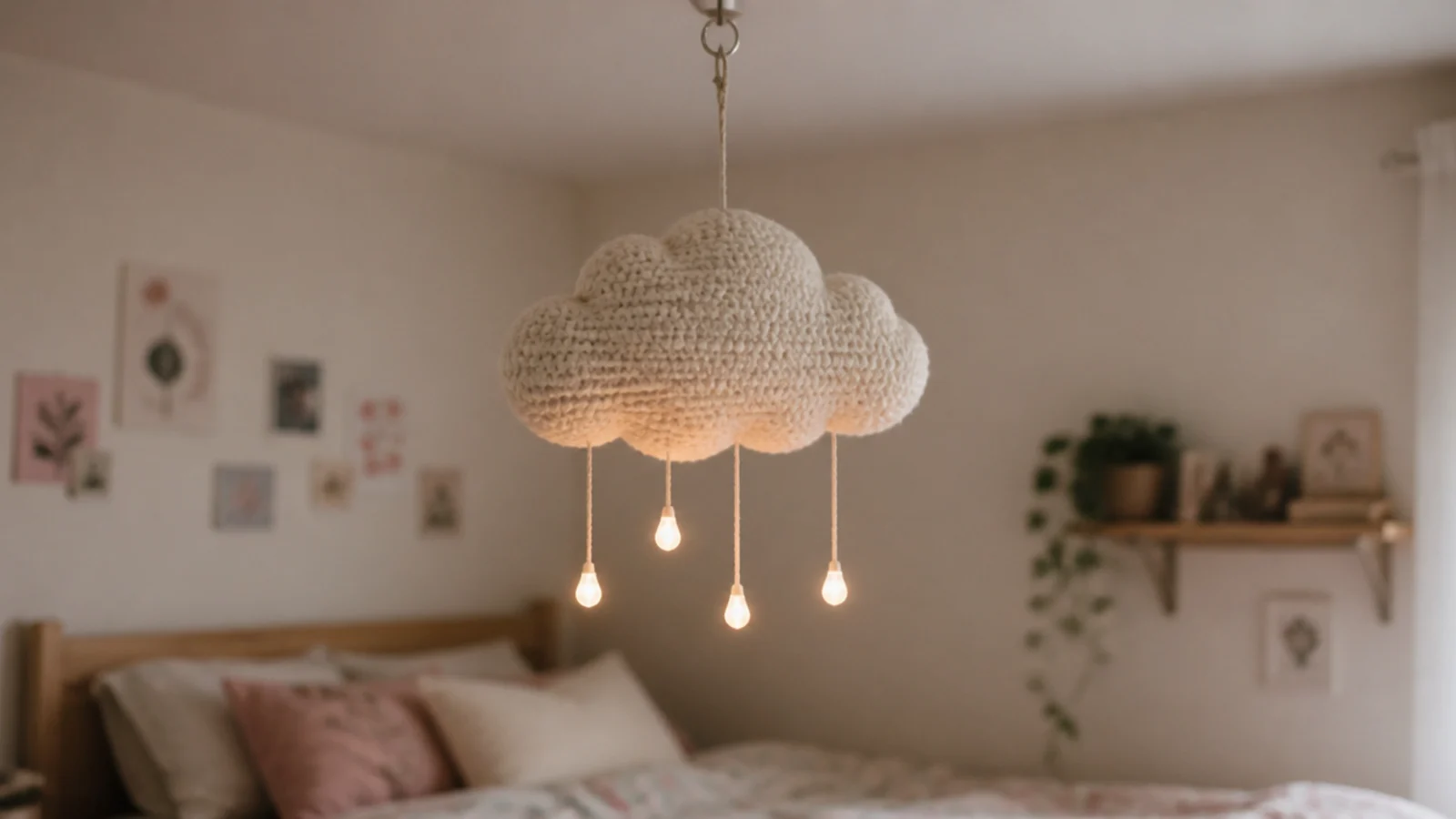 crochet cloud shape hanging with warm lights draped below it