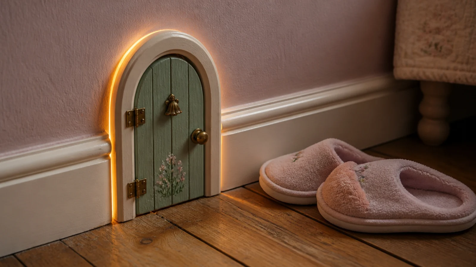 small painted fairy door at skirting height with a glow behind