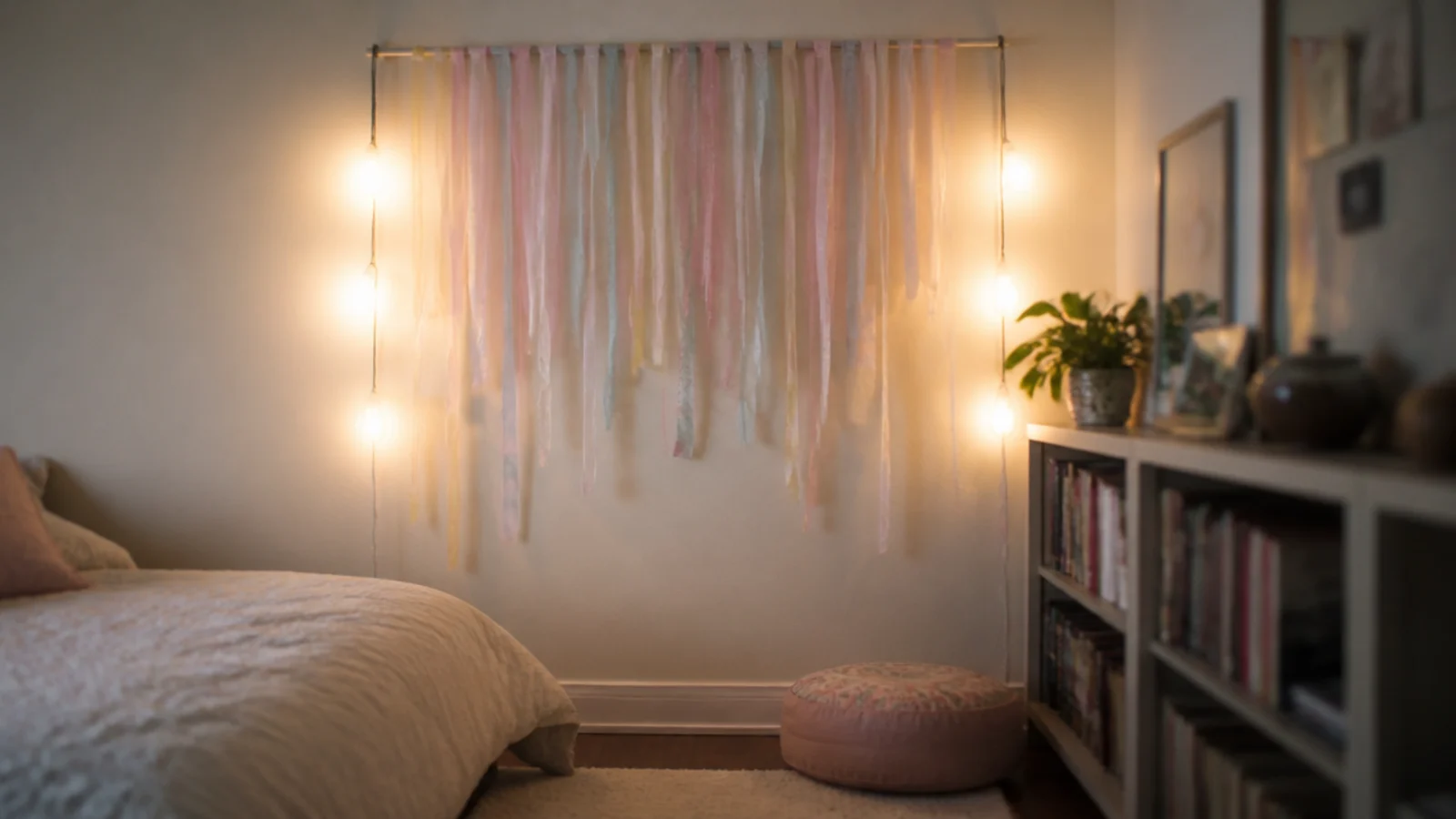 coloured ribbon lengths hanging beside vertical light drops
