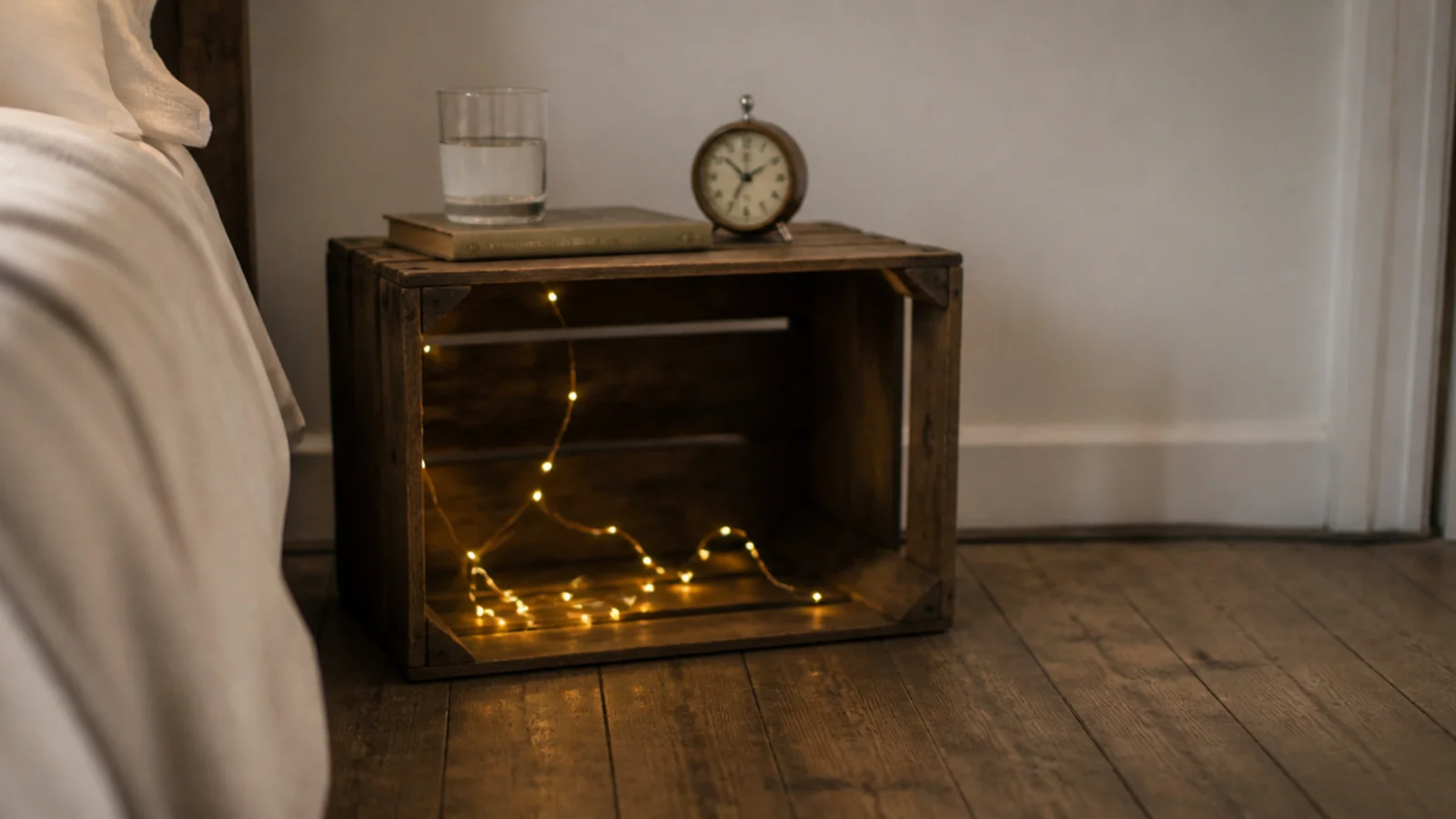 wooden crate bedside table with lights glowing inside it