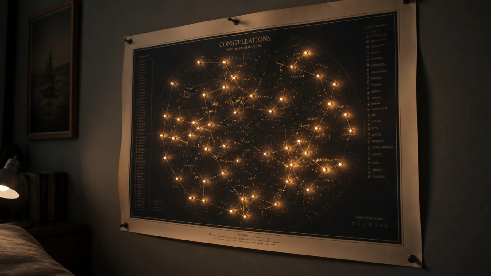 star map on a wall with tiny bulbs pinned at the constellations