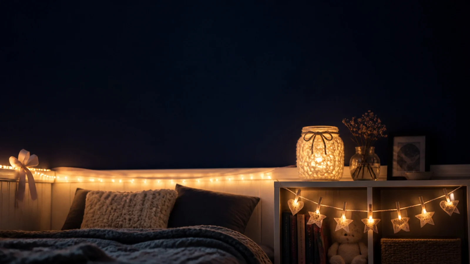 tall cute bedroom view with lit jars ribbons and paper shapes