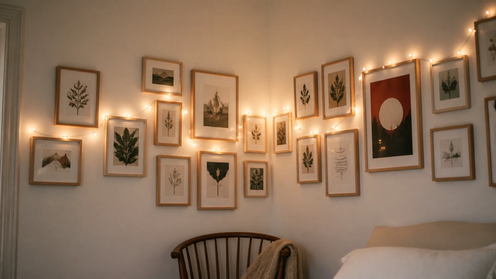 framed prints wrapping a corner with a strand threaded between