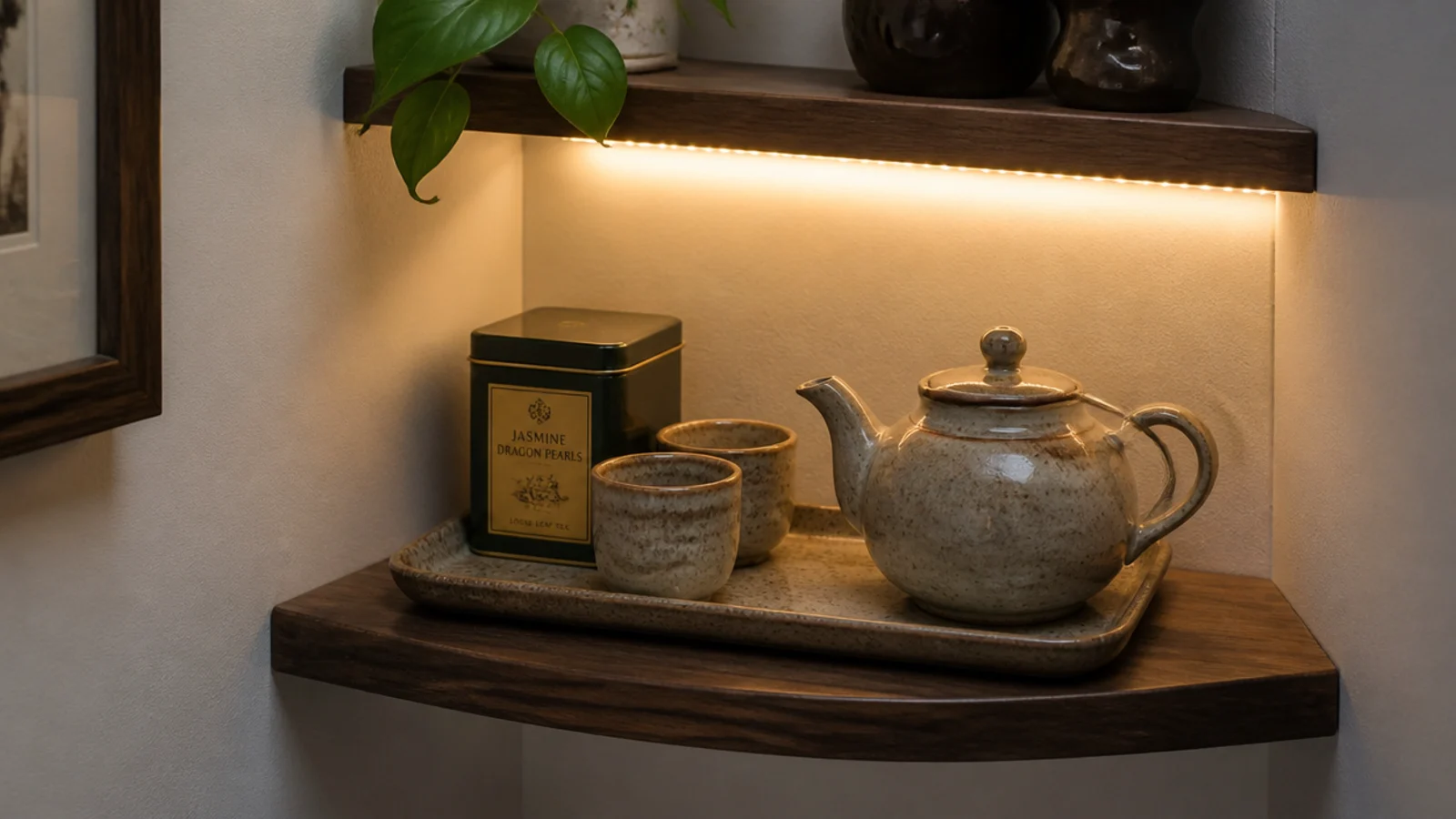 small tray of tea things lit by a strand on a corner shelf