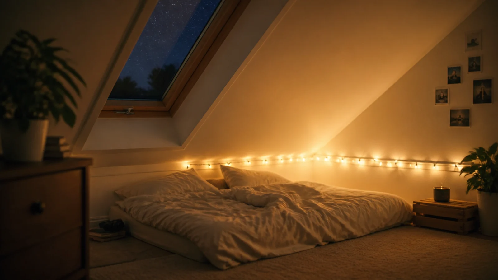 sloped attic eave lit along its lowest edge with warm lights