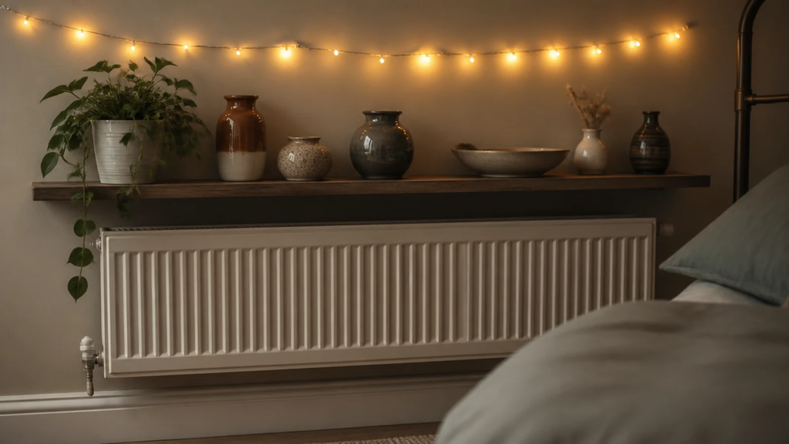 shelf above a radiator lit by a strand kept well clear
