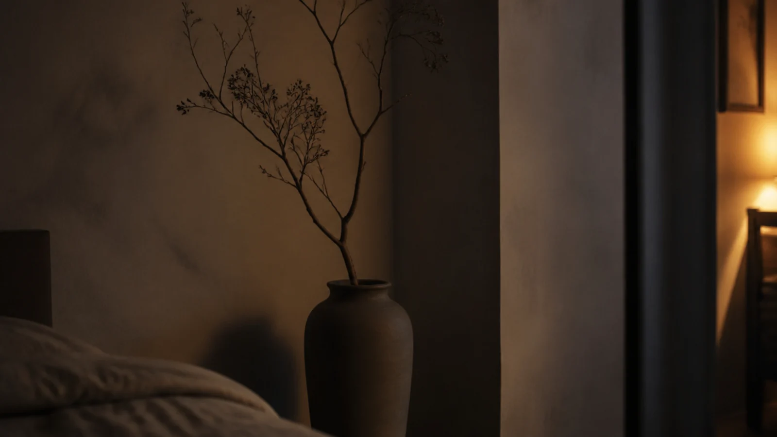 deliberately unlit bedroom corner holding a tall dried branch