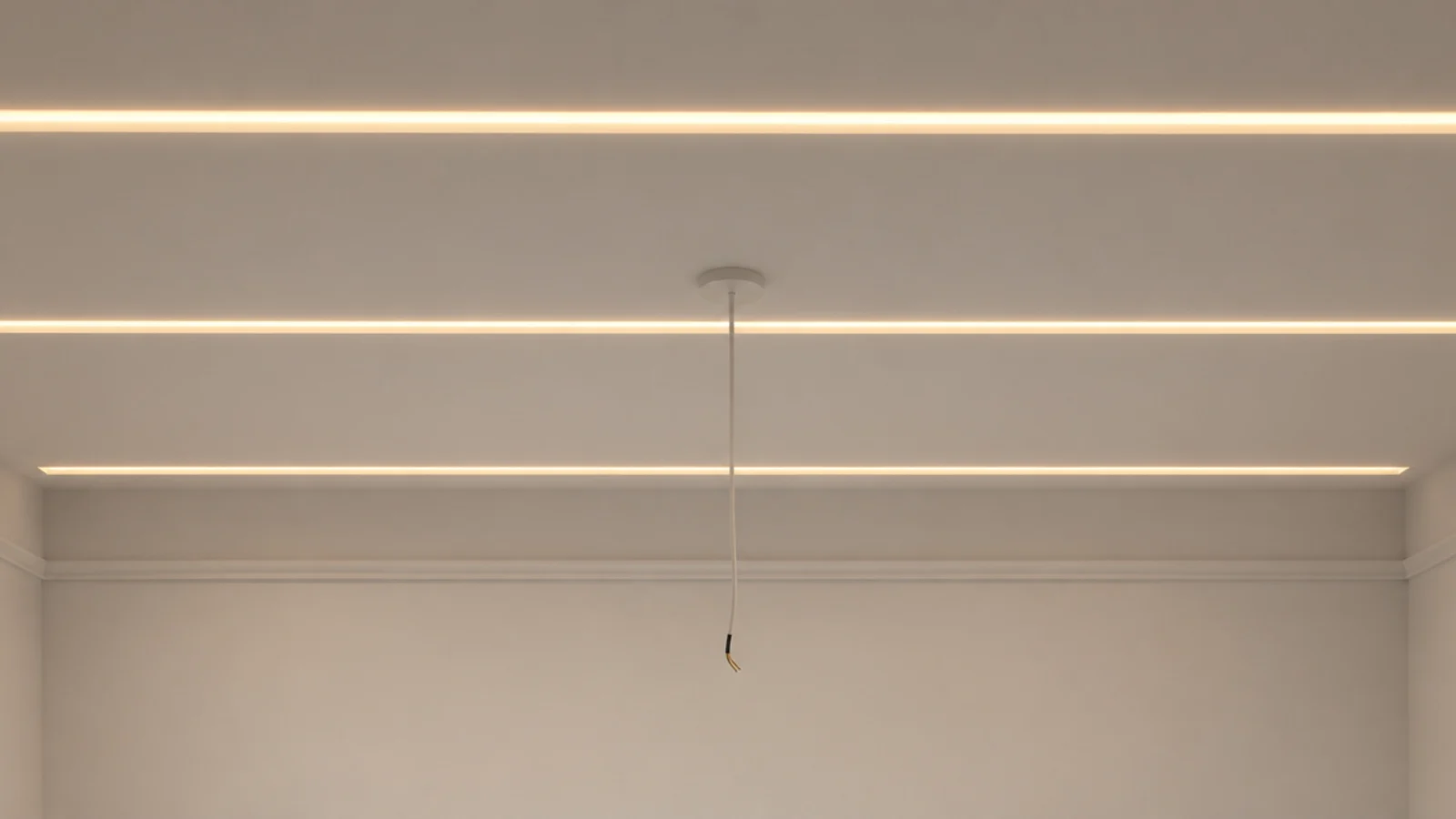 three evenly spaced warm light runs crossing a plain white ceiling
