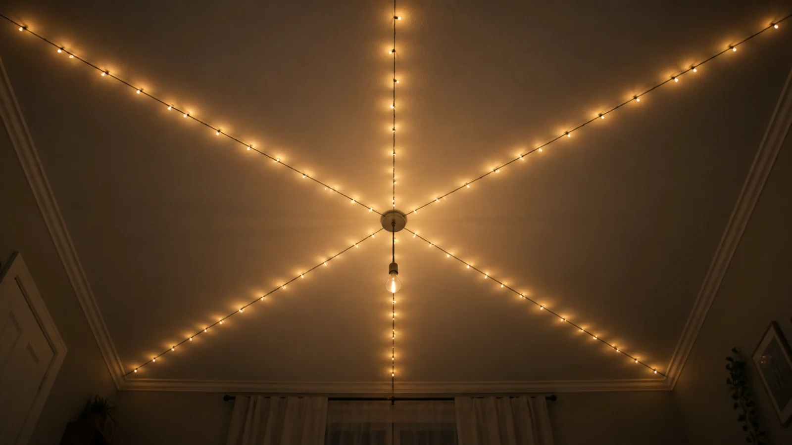 strands radiating from a central ceiling point to the walls