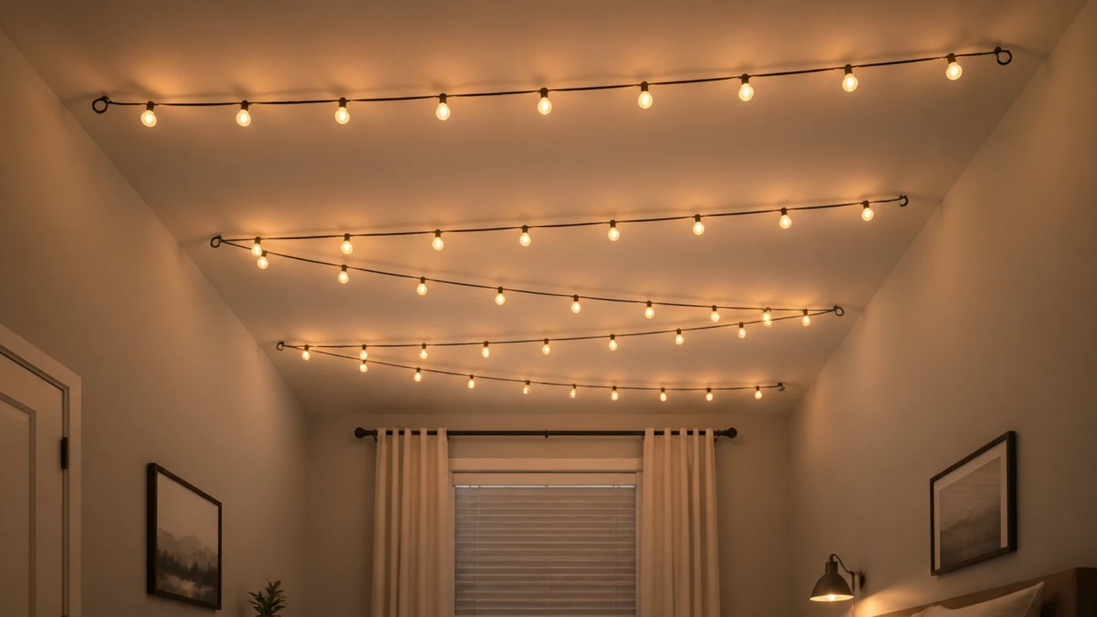 light strand zigzagging back and forth across a bedroom ceiling