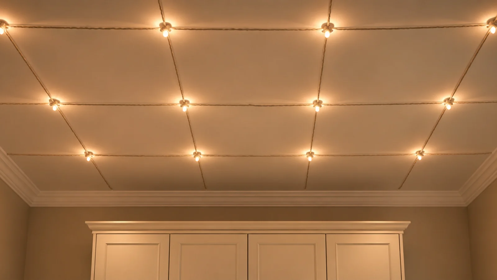 crossing light strands forming a wide grid on a ceiling