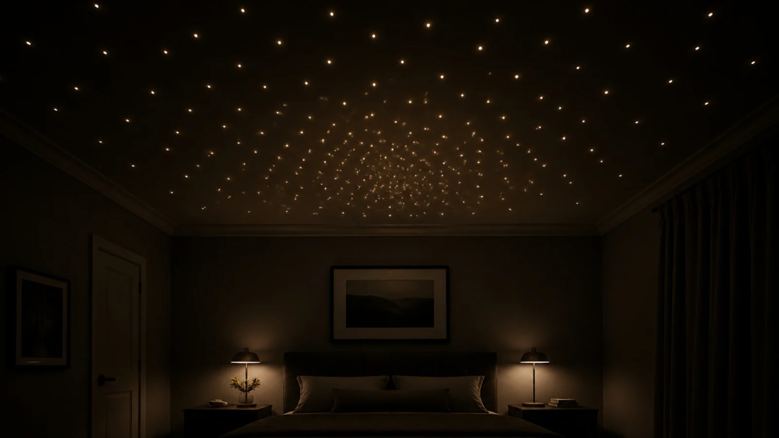 pinpoint lights scattered irregularly across a dark bedroom ceiling