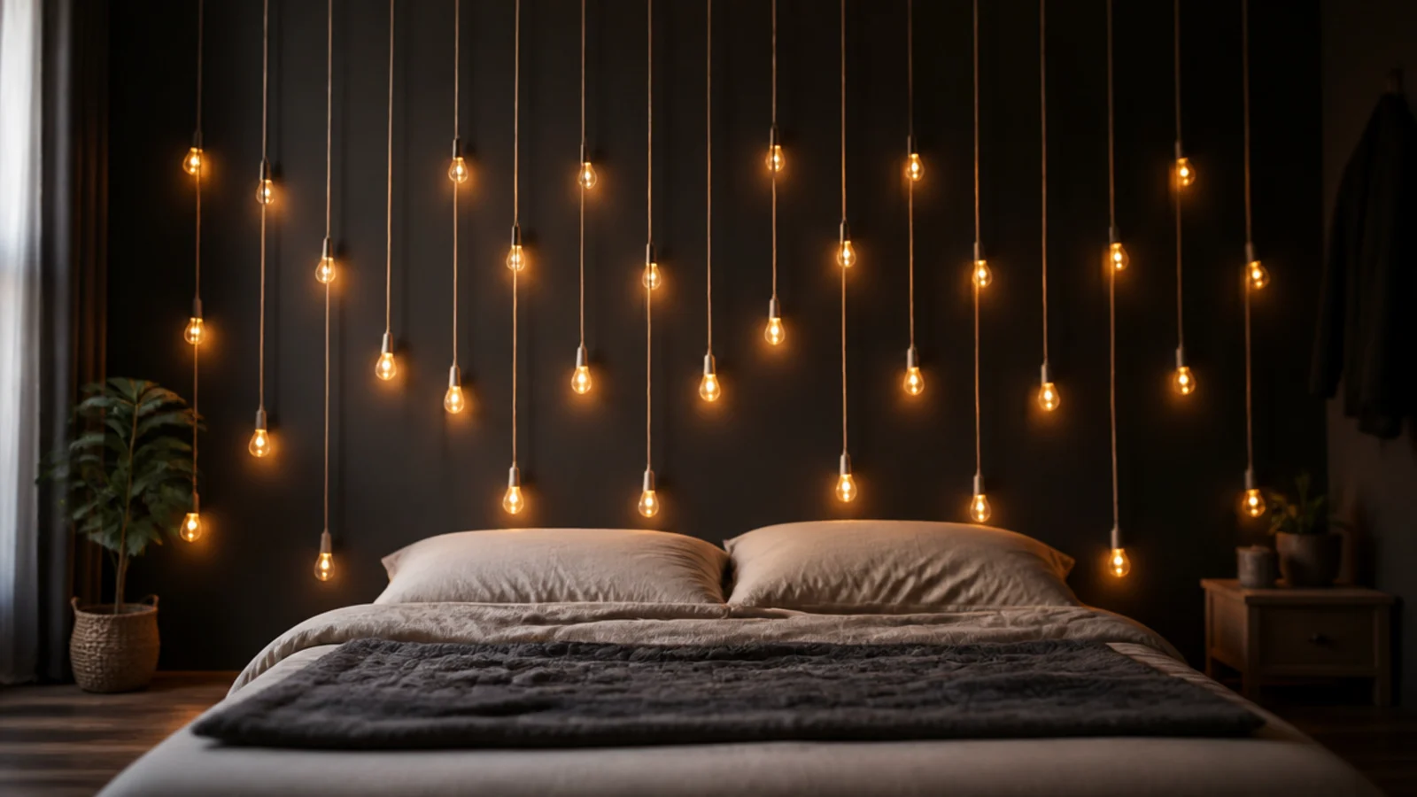 light drops falling from the ceiling line down a bedroom wall