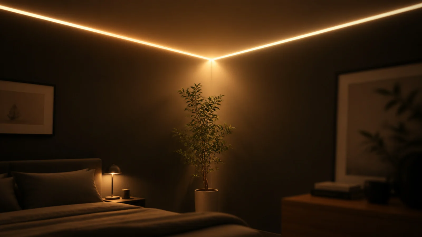 two ceiling light runs meeting at one corner of a room