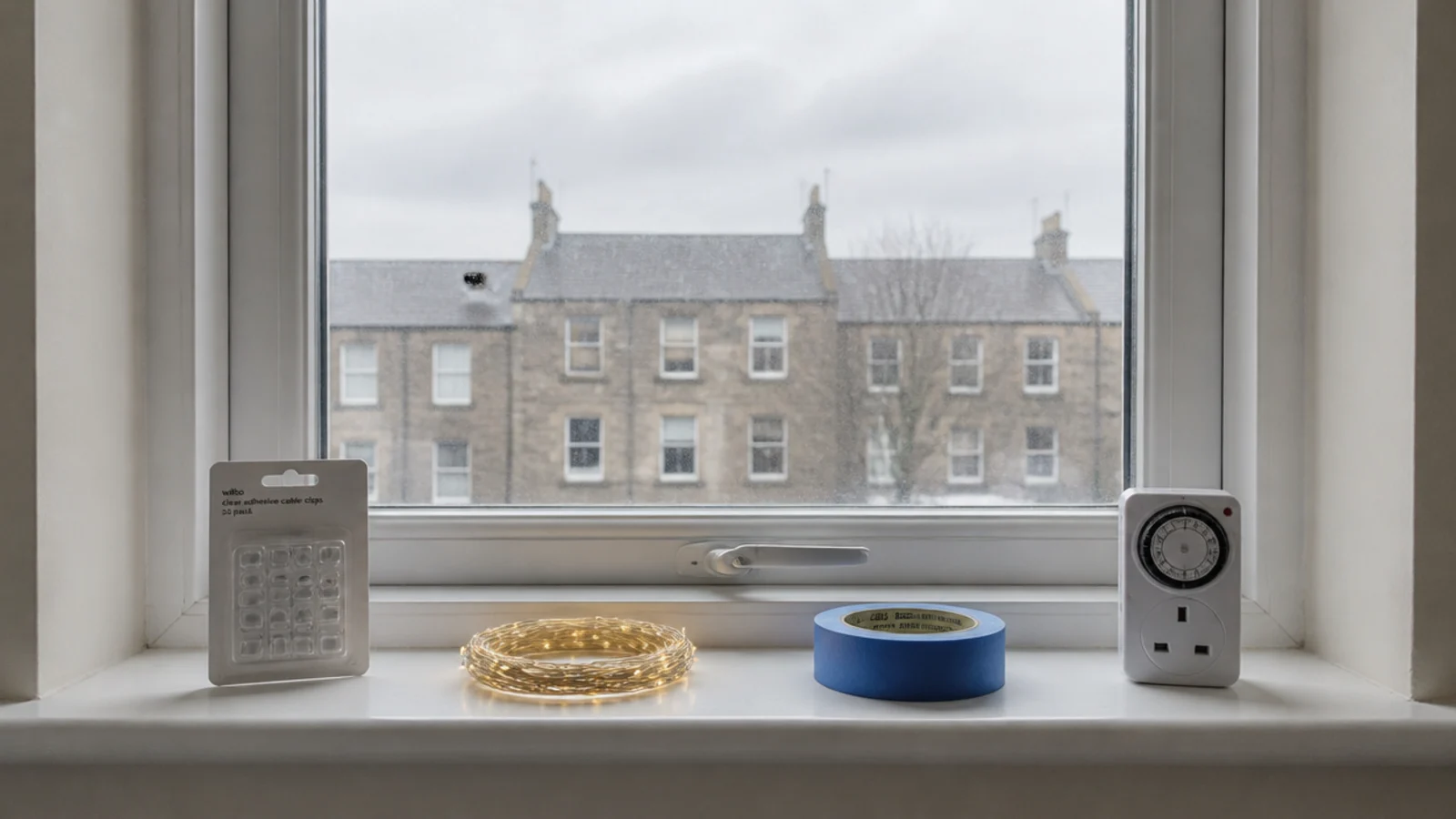 clear adhesive clips and a coiled strand on a rented windowsill