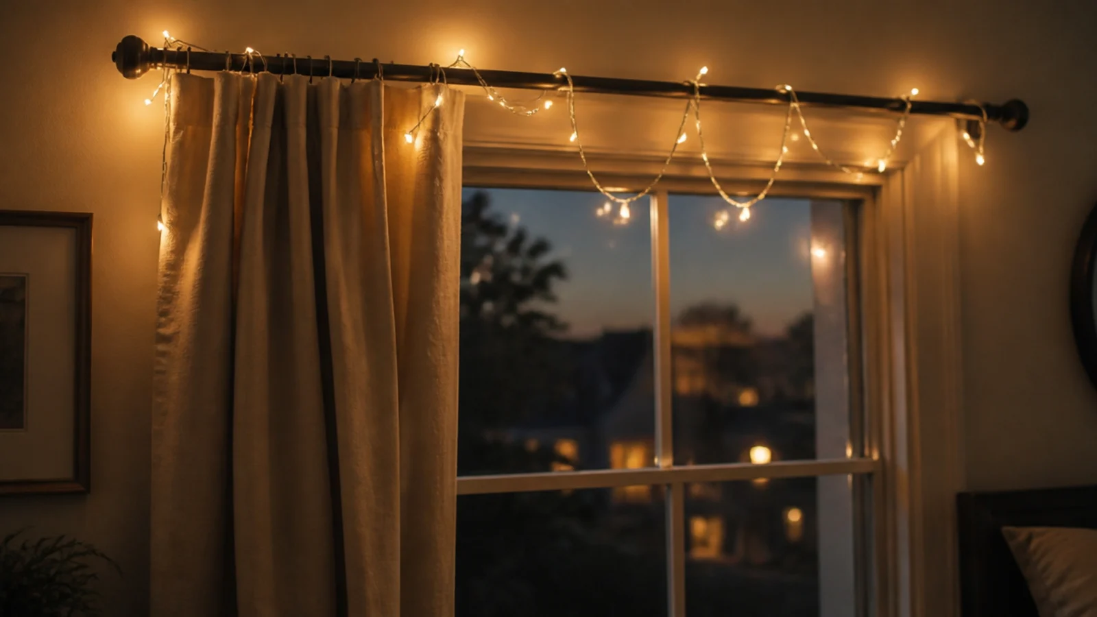 lights draped in loops over an existing bedroom curtain rod