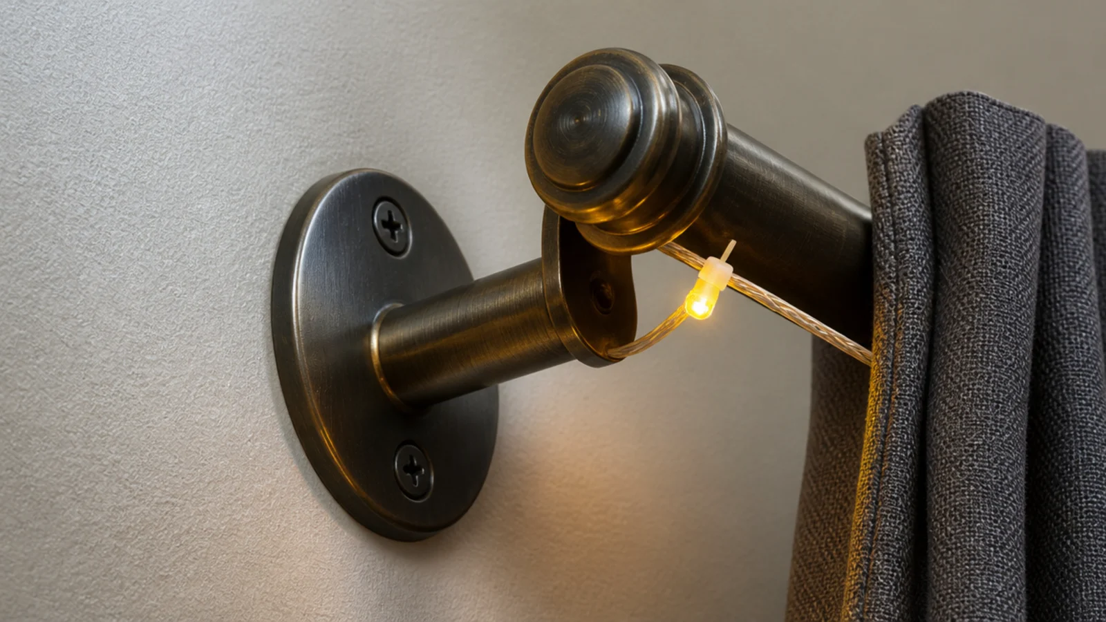 light strand tied to the metal bracket of a curtain pole