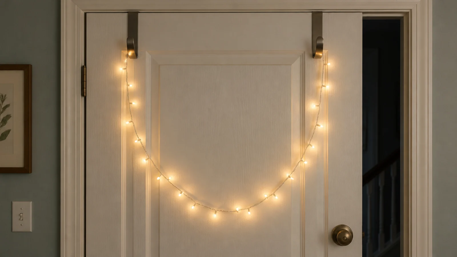 over door hooks holding a light strand above a bedroom door