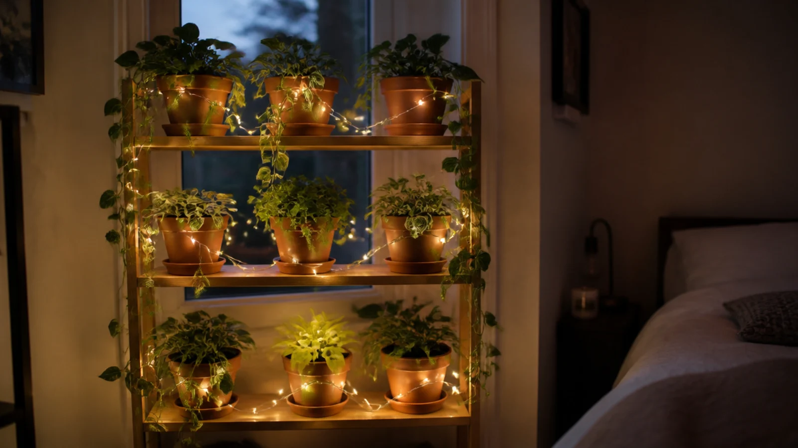 lights draped between potted plants on a shelf unit