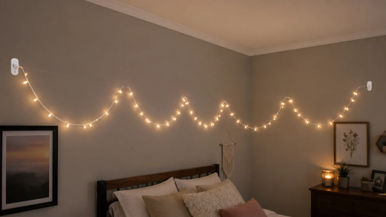 fine clear line strung between hooks carrying a light strand