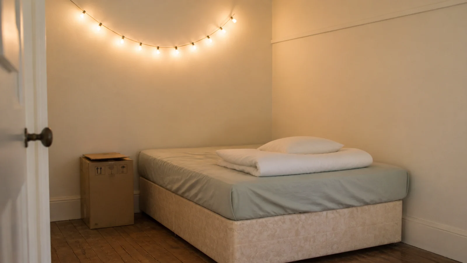 simple fairy lights bedroom run clipped along a plain rented wall