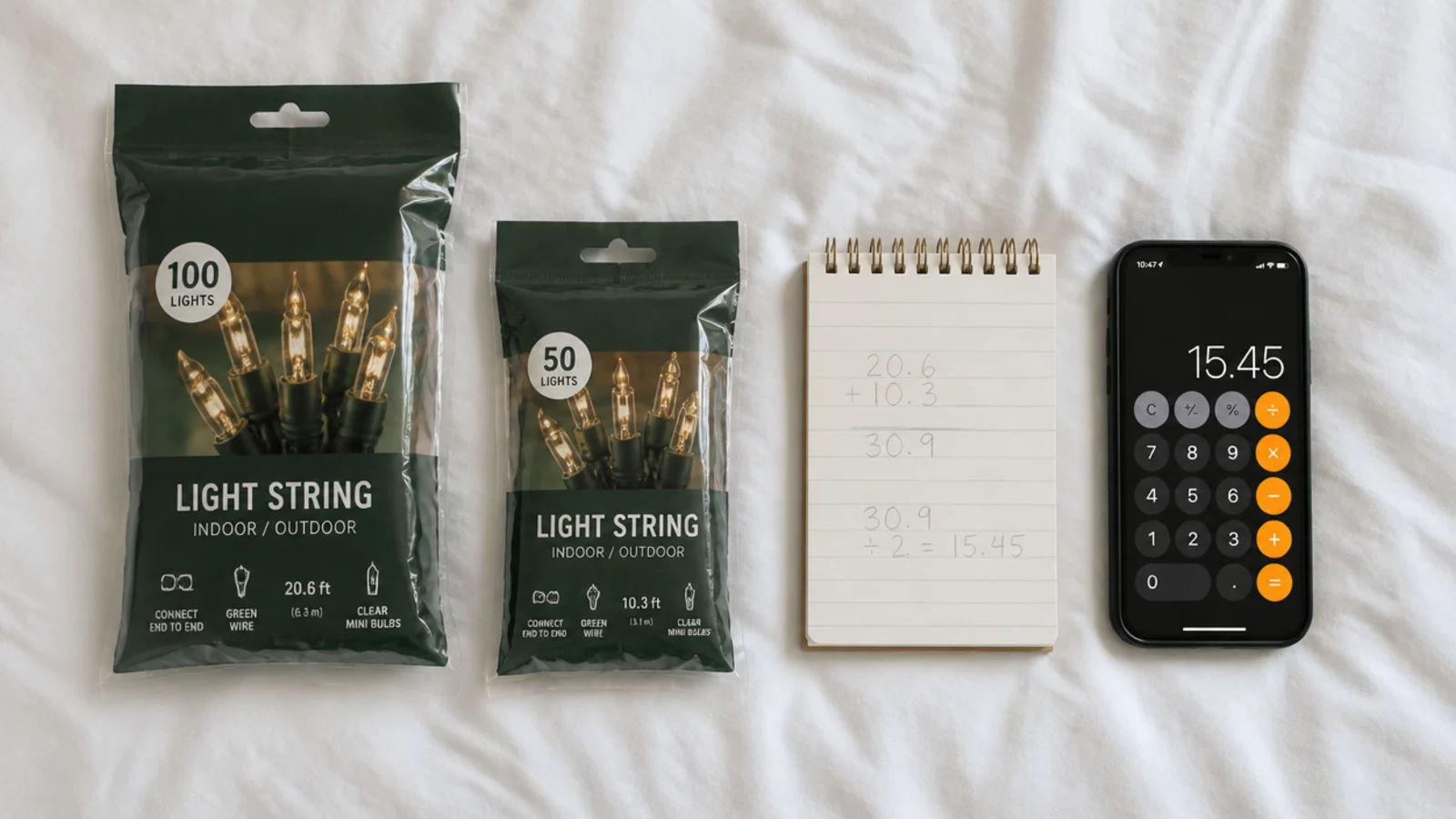 two light packets compared on a bed with a calculator and notepad