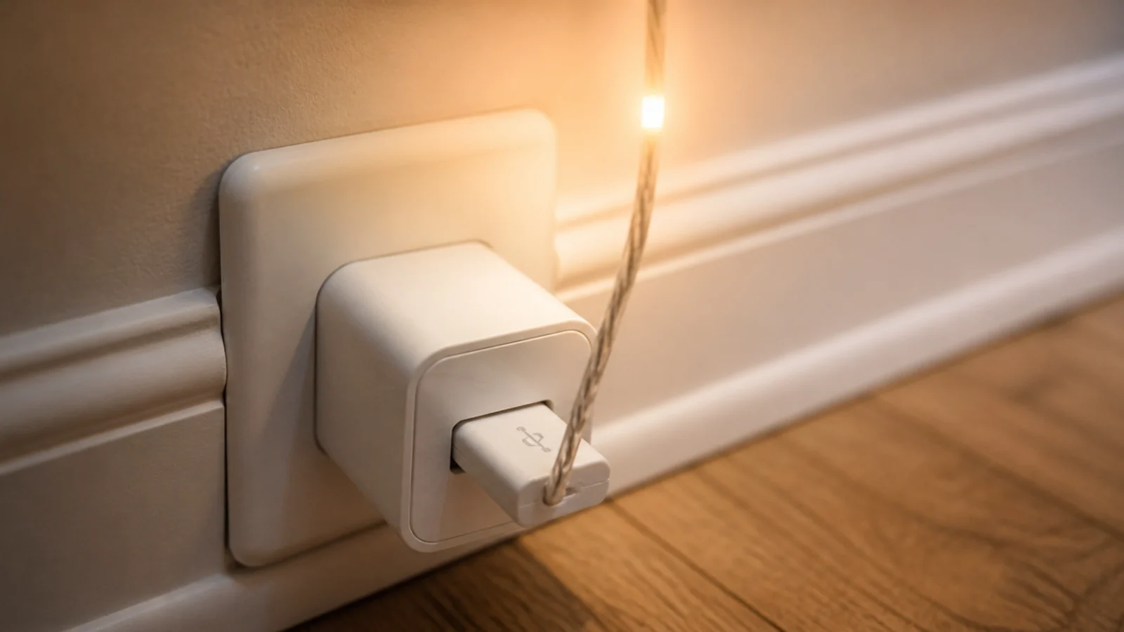 string light usb plug pushed into a phone charging brick beside a bed