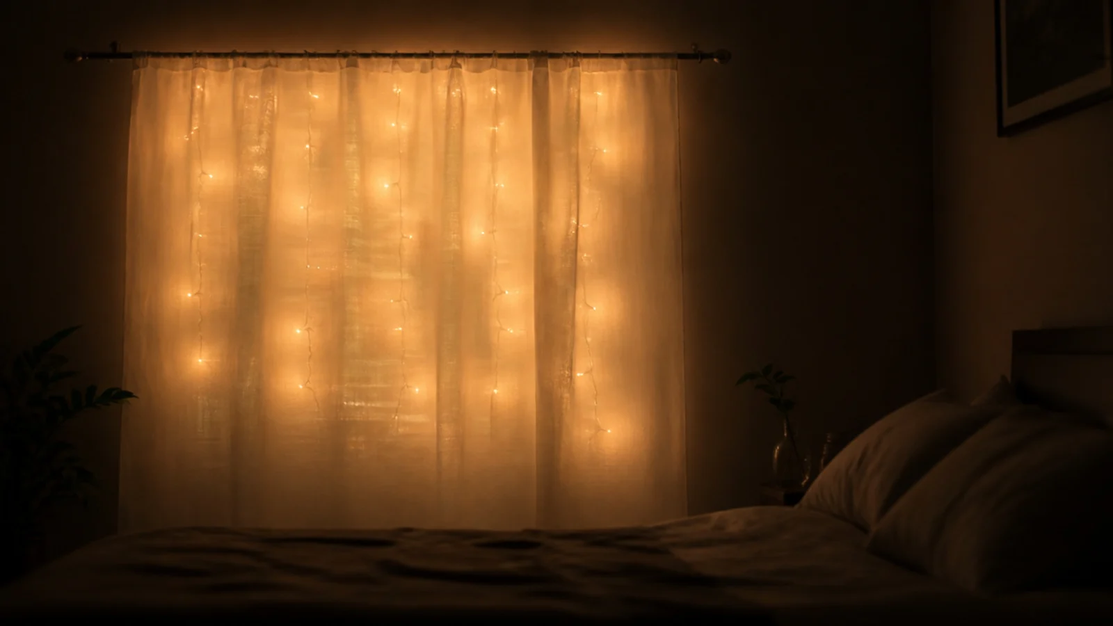 cheap voile panel hung over a wall with lights glowing behind it