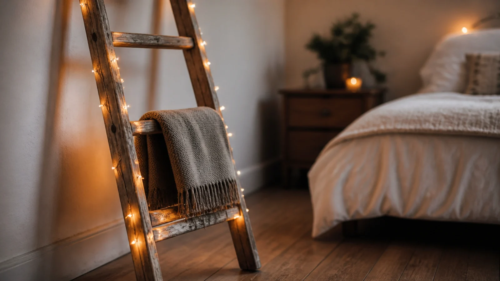 old wooden step ladder leaning on a wall wrapped with warm lights