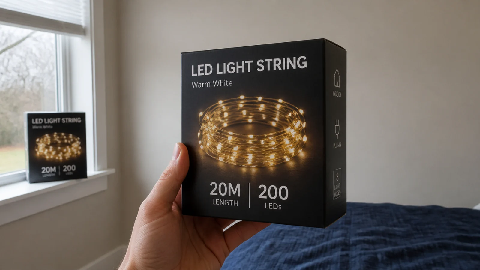 light strand box showing length and LED count held against a wall