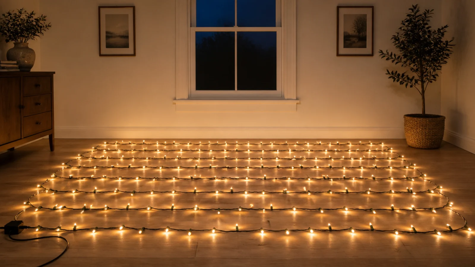 full light strand laid out lit in rows on a bedroom floor