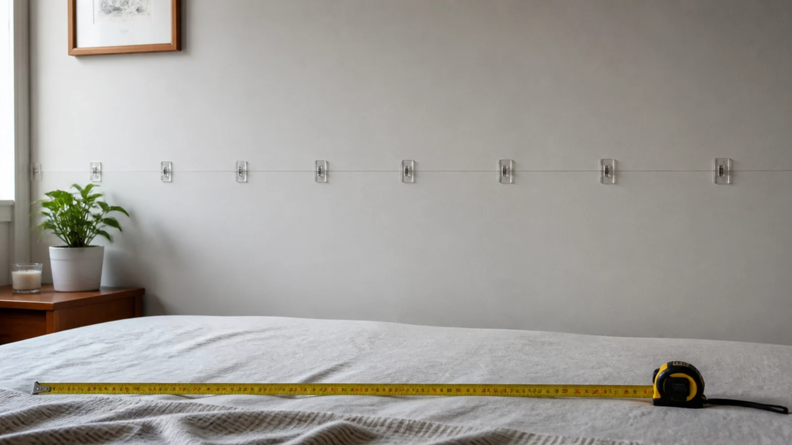 row of evenly spaced clips following a marked line on a wall