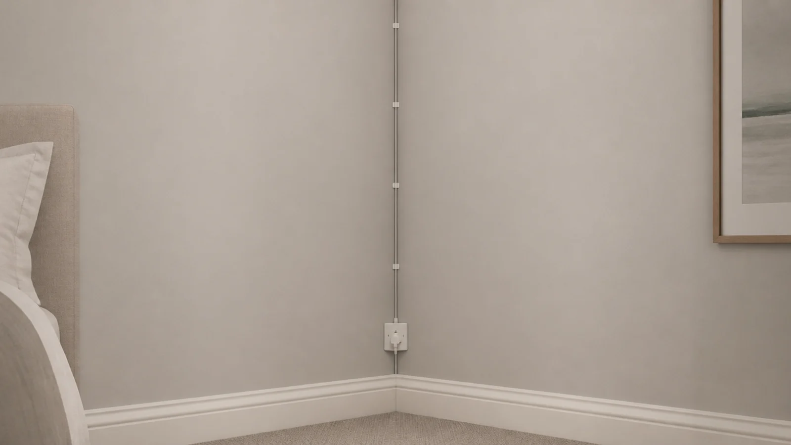 cable clipped straight down a wall corner toward a socket