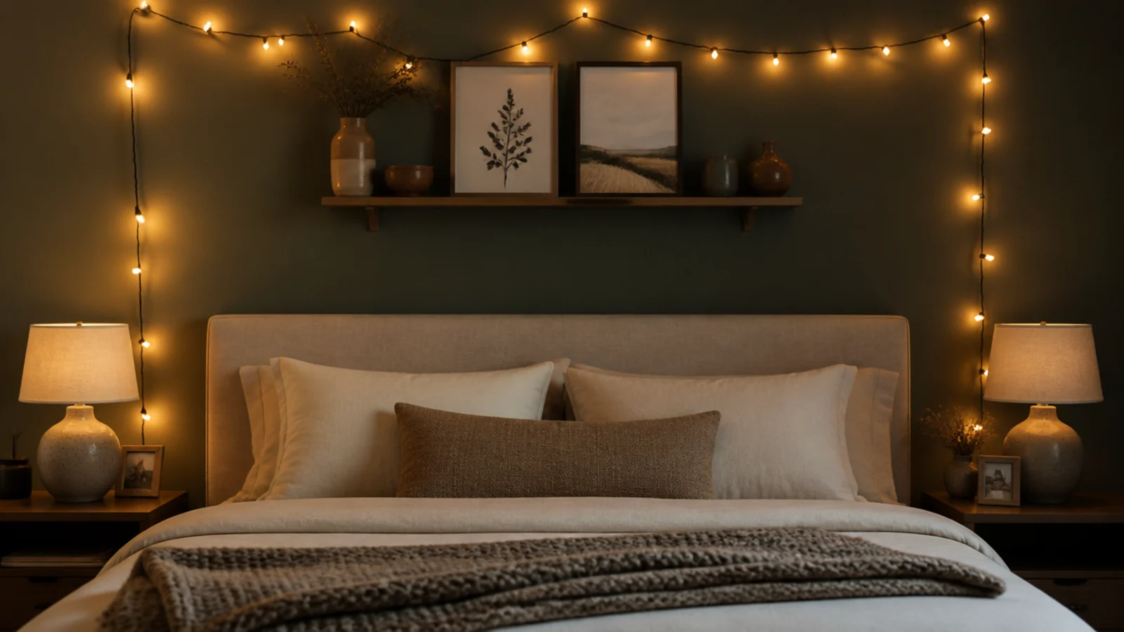 framed prints and a shelf arranged around a lit wall strand