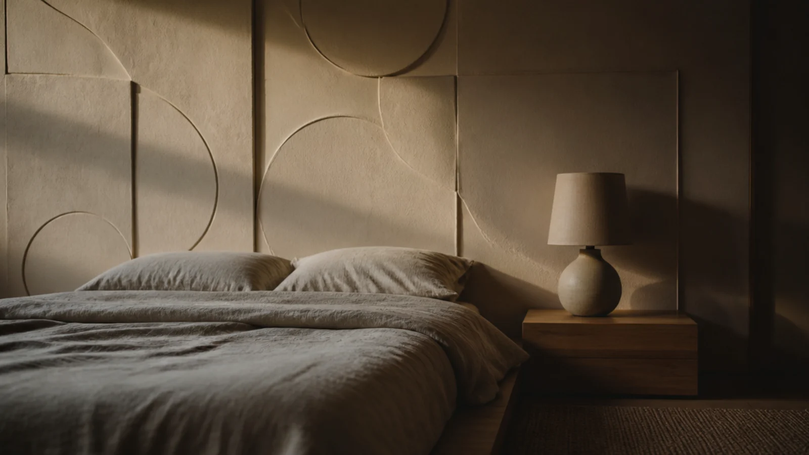 finished fairy lights bedroom wall glowing warm above a low linen bed