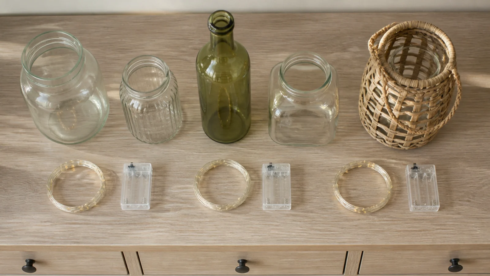 jars bottles and micro strands grouped on a dresser before styling