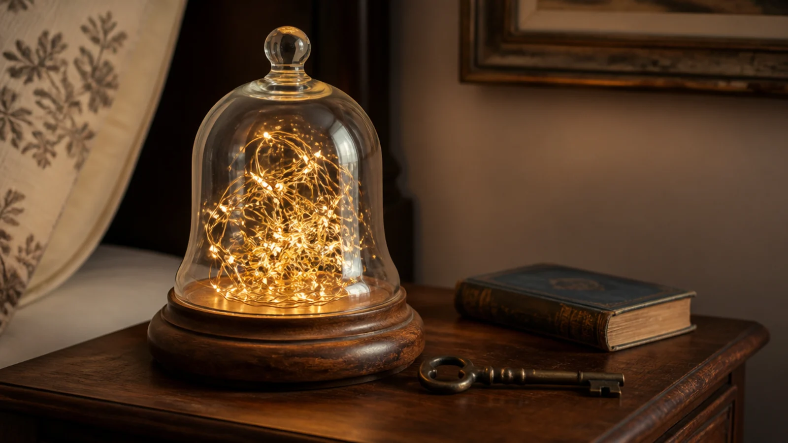 glass cloche on a wooden base covering a gathered light cluster